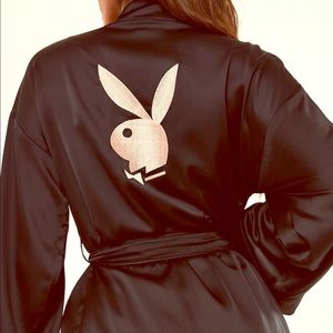PLAYBOY ROBE black satin pink playboy embroidery